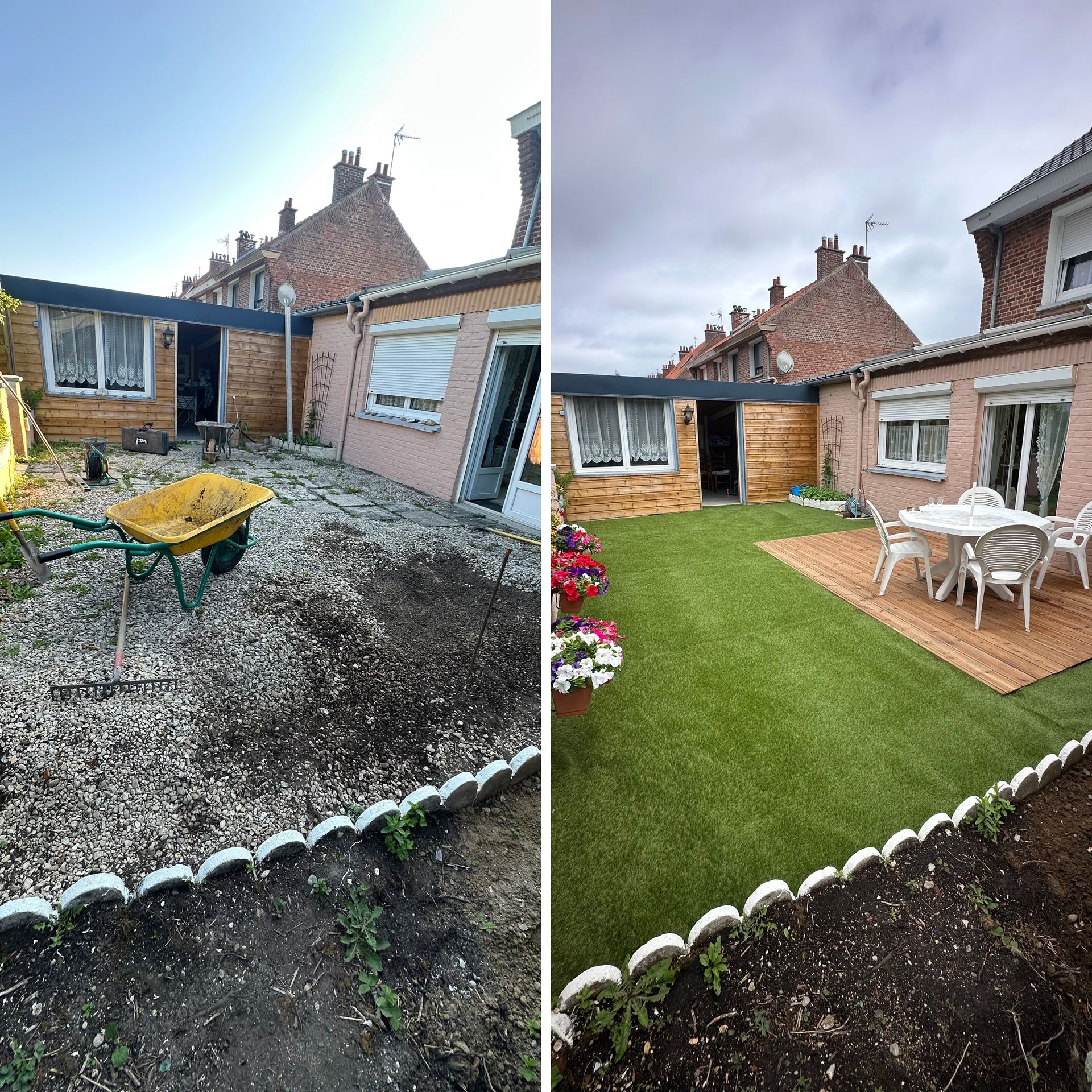 Avant et après l'aménagement d'un jardin de cour, passant d'un terrain nu et boueux à une pelouse soigneusement pavée avec du mobilier de jardin blanc.