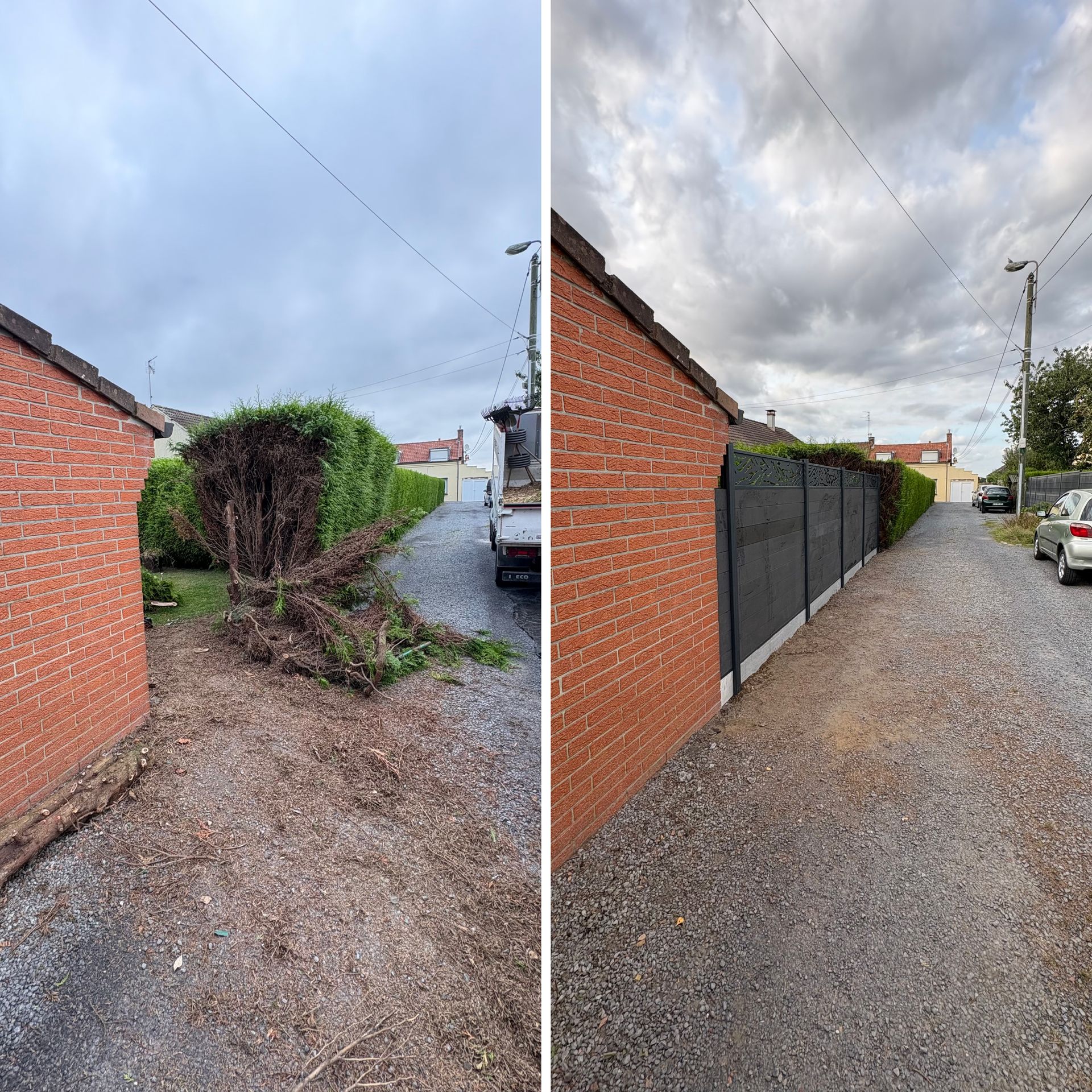 Vue avant et après d'une ruelle étroite en gravier longeant des bâtiments en briques, avec une haie taillée et une clôture noire d'un côté.