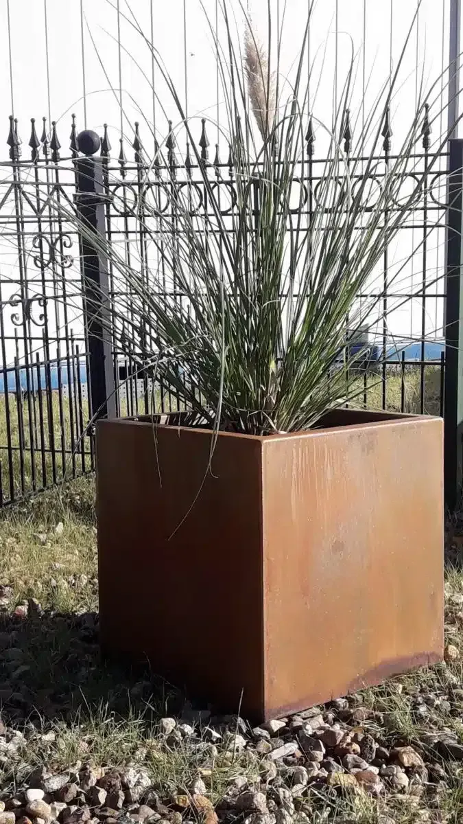 Ein rostfarbener Metallpflanzkasten, bepflanzt mit hohem grünen Gras, steht neben einem schwarzen Metallzaun.