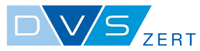 DVS ZERT-Logo in Blau und Weiß mit stilisierten Buchstaben auf hellem Hintergrund