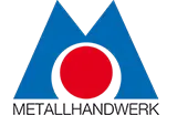 Logo für Metallhandwerk: blaue, stilisierte Dachform mit rotem Kreis und schwarzem Text