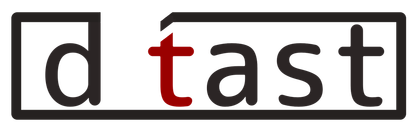 La palabra dtast está escrita en negro y rojo sobre un fondo blanco.