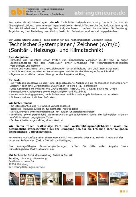 abi Technische Gebäudeausrüstung GmbH&Co.KG Stellenbeschreibung: Technischer Systemplaner/ Zeichner Sanitär-, Heizungs- und Klimatechnik (m/w/d)
