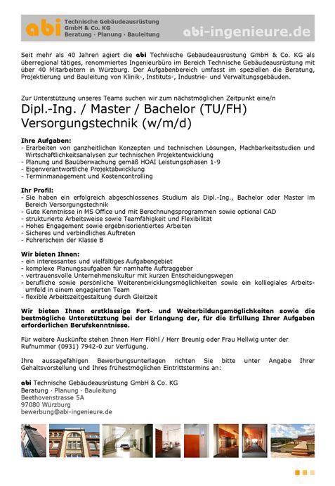 abi Technische Gebäudeausrüstung GmbH&Co.KG Stellenausschreibung: Dipl.-Ing./ Master/ Bachelor (FH/TU) Elektrotechnik (m/w/d)