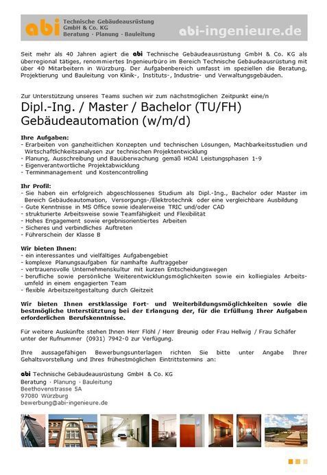abi Technische Gebäudeausrüstung GmbH&Co.KG Stellenausschreibung: Dipl.-Ing./ Master/ Bachelor (FH/TU) Gebäudeautomation (m/w/d)