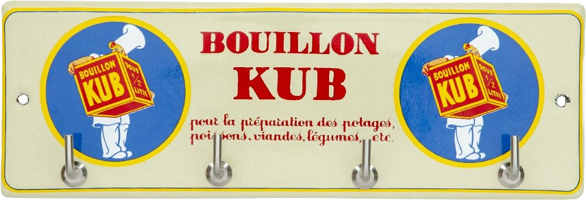 Un porte-clés Bouillon Kub vintage avec crochets et illustration de chef.