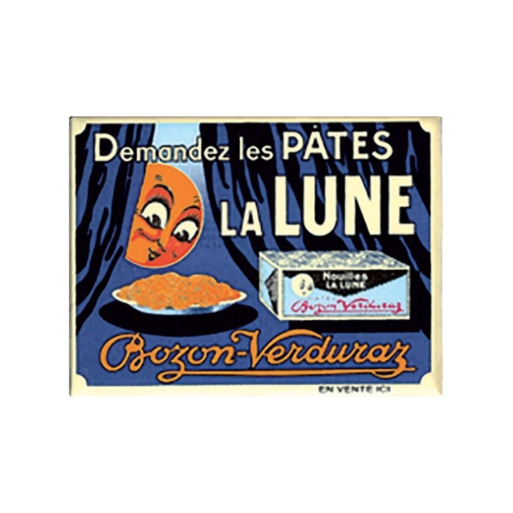 Publicité alimentaire vintage pour les pâtes « Pâtes La Lune », représentant une lune souriante.