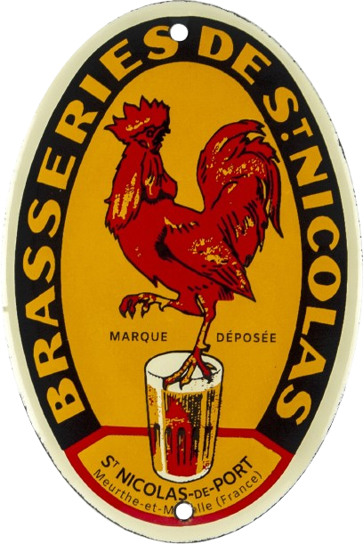 Enseigne ovale vintage pour bière : coq rouge sur un verre de bière, fond jaune, « Brasseries de St. Nicolas ».