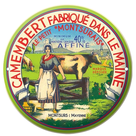 Publicité vintage pour du fromage Camembert avec une femme, une vache et la campagne française.