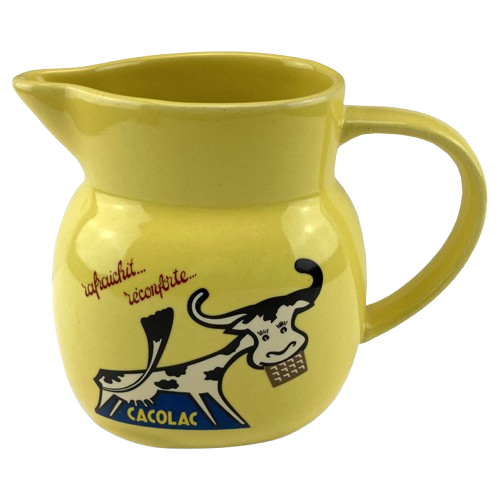 Pichet Cacolat jaune orné d'une illustration de vache.