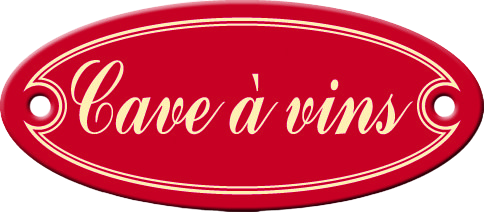Panneau ovale rouge avec l'inscription « Cave à vins » dans une police élégante.