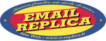 Logo pour « Email Replica », site web d'une entreprise. Forme ovale avec texte et couleurs rouge, jaune et bleu.