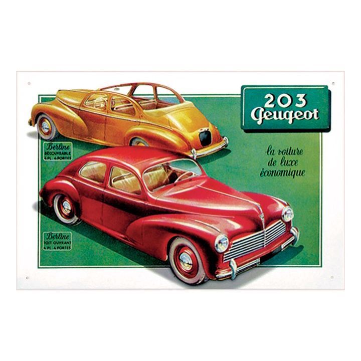 Publicité vintage pour la Peugeot 203 montrant une voiture rouge et or sur fond vert.