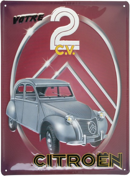 Panneau publicitaire vintage pour Citroën 2CV, rouge et argent. Inscription : « Votre 2 CV Citroën ».