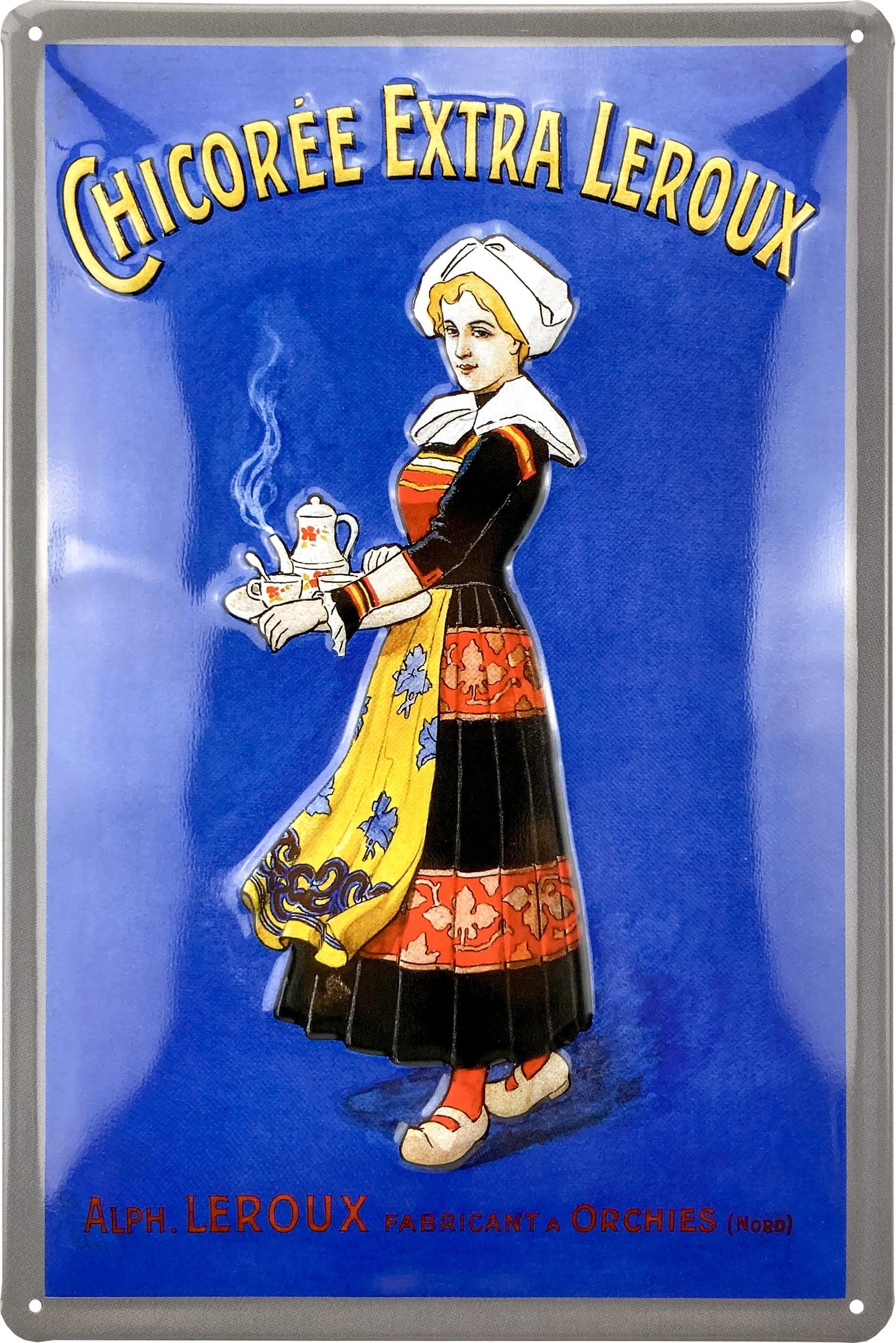 Publicité vintage pour Chicorée Extra Leroux : femme en tenue traditionnelle tenant un plateau