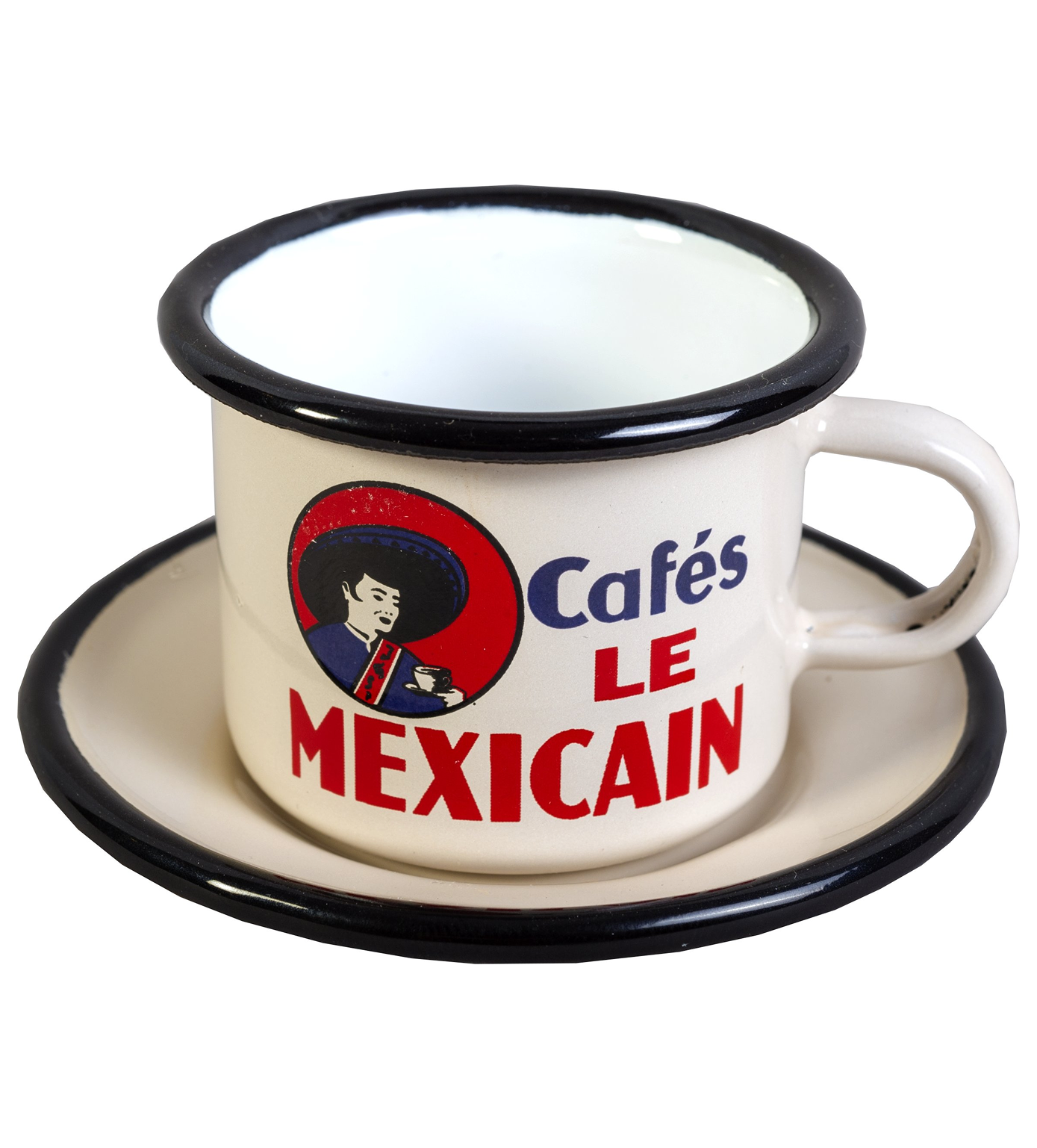 Une tasse à café et sa soucoupe en émail blanc avec bordure noire.