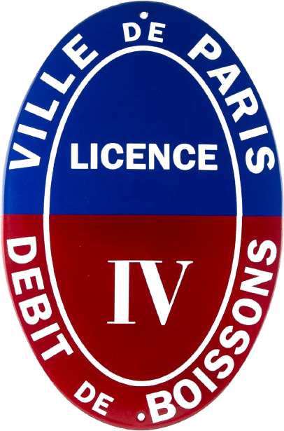 Oval sign: Ville de Paris Débit de Boissons, Licence IV, blue and red sections.