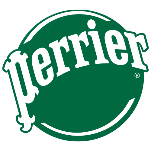 Logo Perrier : texte « Perrier » blanc sur un cercle vert à contour blanc.