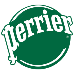 Logo Perrier : texte « Perrier » blanc sur un cercle vert à contour blanc.