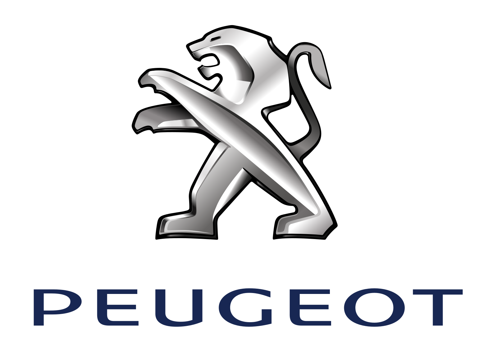 Logo Peugeot représentant un lion argenté dressé sur ses pattes arrière. Inscription « PEUGEOT » en dessous.