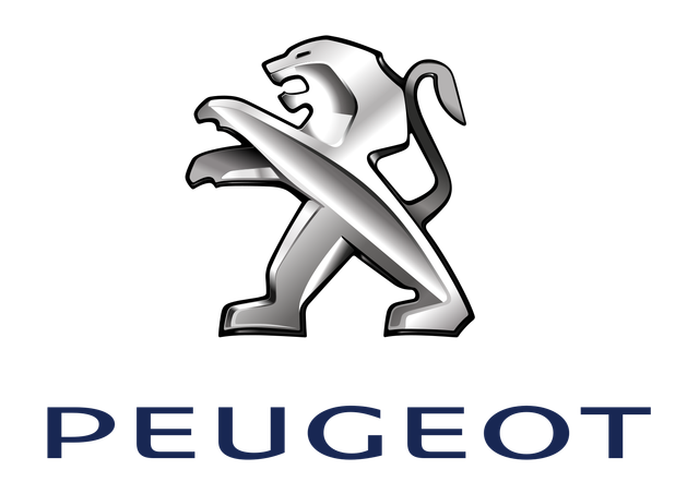 Logo Peugeot représentant un lion argenté dressé sur ses pattes arrière. Inscription « PEUGEOT » en dessous.