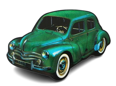 Voiture Renault vintage verte à pneus à flancs blancs, style illustration.