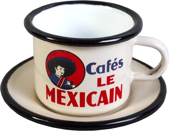 Tasse et soucoupe à café blanches à bord noir. La tasse est ornée d'un dessin représentant un Mexicain.