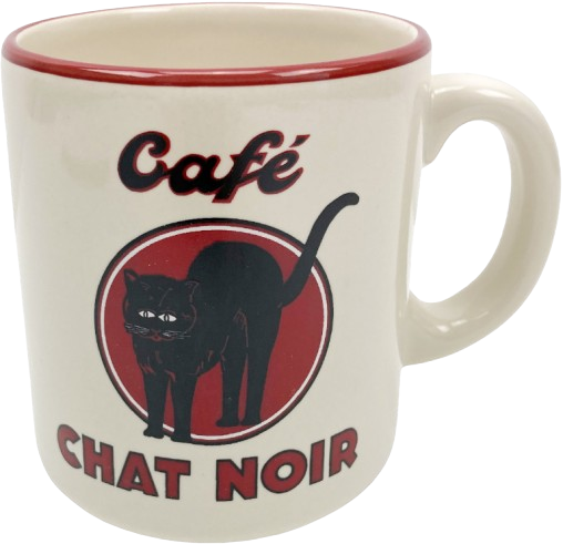 Mug avec l'inscription « Café Chat Noir » et une illustration d'un chat noir dans un cercle rouge, fond crème, bord rouge.