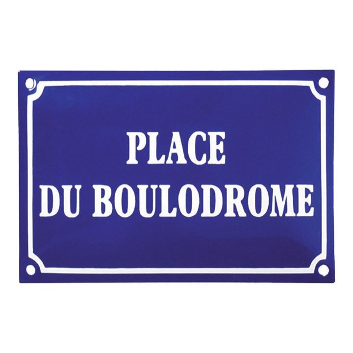 Panneau de rue bleu en émail avec texte blanc : PLACE DU BOULODROME.