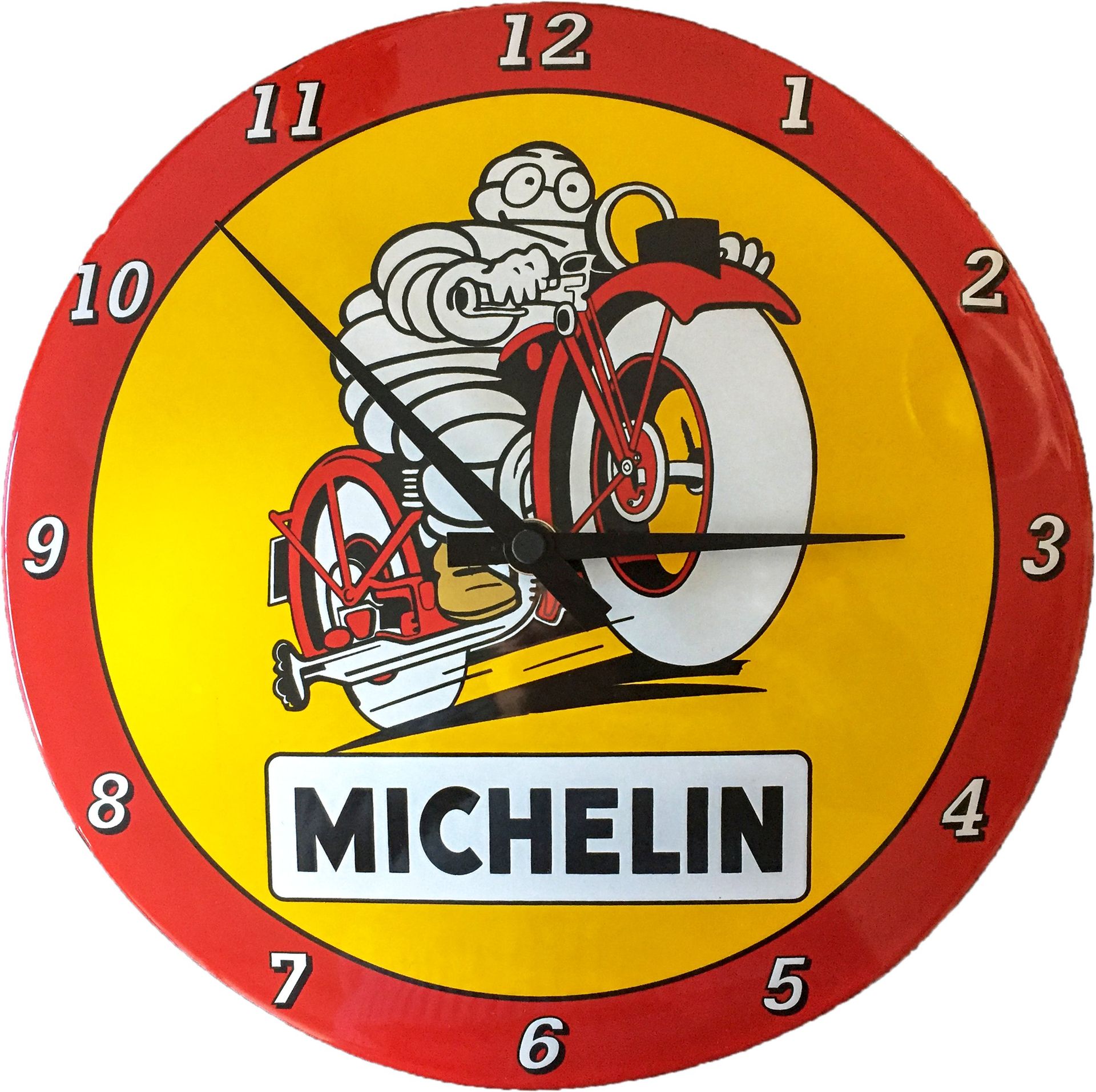 Horloge Michelin en émail avec le bonhomme Michelin à moto ; jaune et rouge.