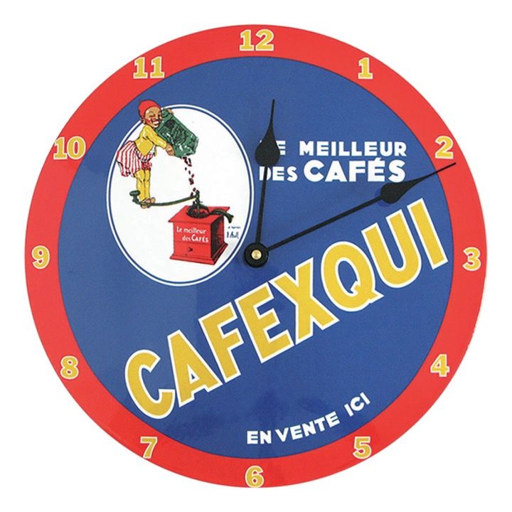 Cadran d'horloge en émail avec motif rouge et bleu, inscription CAFEXQUI