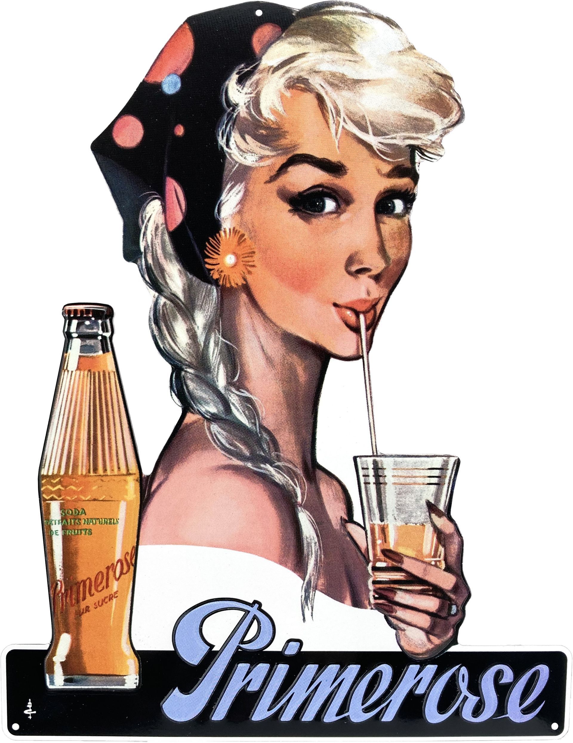 ancienne publicité représentant une femme buvant dans un verre.