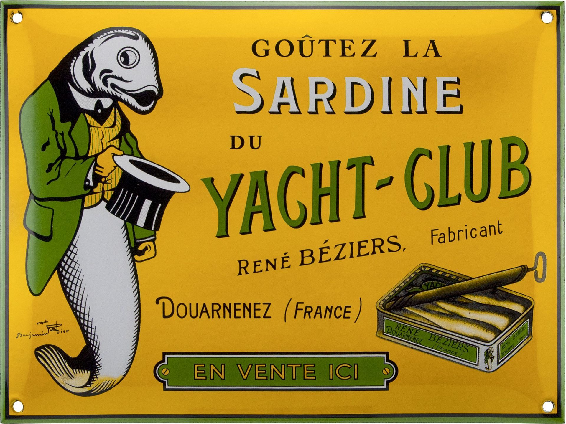 Publicité vintage pour « Sardine du Yacht-Club » avec une sardine en costume et chapeau, France.