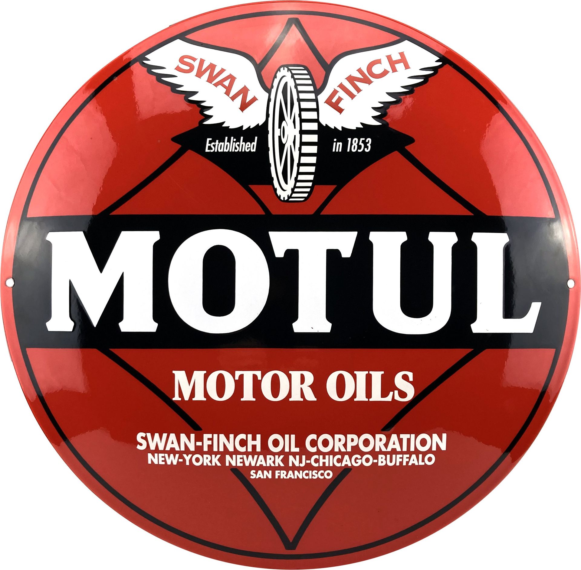 Panneau rouge et blanc pour l'huile moteur MOTUL en émail , avec le logo Swan-Finch