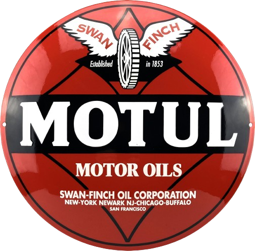 Panneau rond rouge MOTUL pour huile moteur, avec inscription blanche. Logo Swan-Finch en haut.