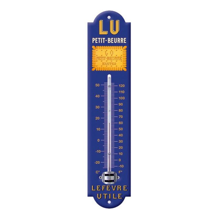 Thermomètre LU Petit-Beurre bleu en émail, motif biscuit, affiche la température en Fahrenheit et en Celsius.
