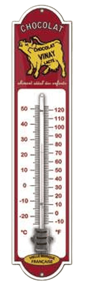 Thermomètre à bordure rouge, mesurant tôle publicitaire imprimée présentant la température en degrés Celsius et Fahrenheit