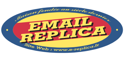 Logo pour Email Replica, une entreprise. Il présente un design rouge et jaune avec une bordure ovale bleue.