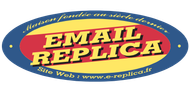 Logo pour Email Replica, une entreprise. Il présente un design rouge et jaune avec une bordure ovale bleue.