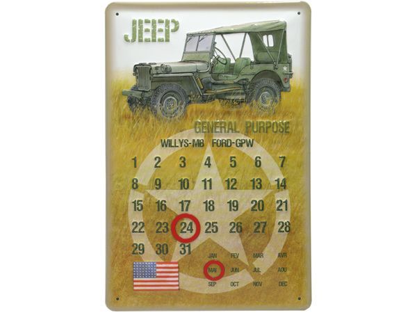 Plaque métallique ornée d'une illustration d'une Jeep de la Seconde Guerre mondiale, d'un calendrier