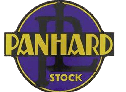 Logo Panhard Stock : Texte jaune « PANNARD » sur un cercle violet avec les initiales « PL ».