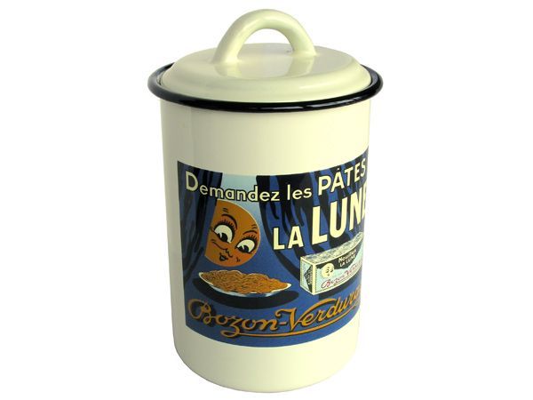 Boîte en émail couleur crème avec couvercle. Présente une publicité pour les pâtes « La Lune ».
