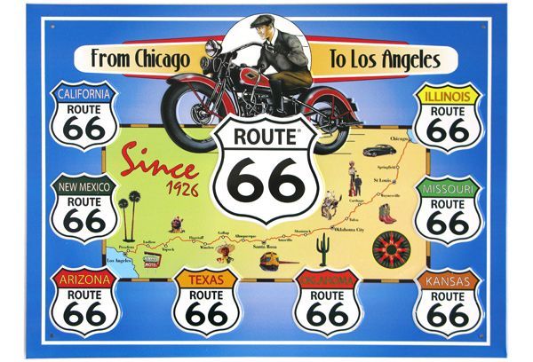 Panneau de la Route 66 représentant une moto, une carte et les panneaux indicateurs