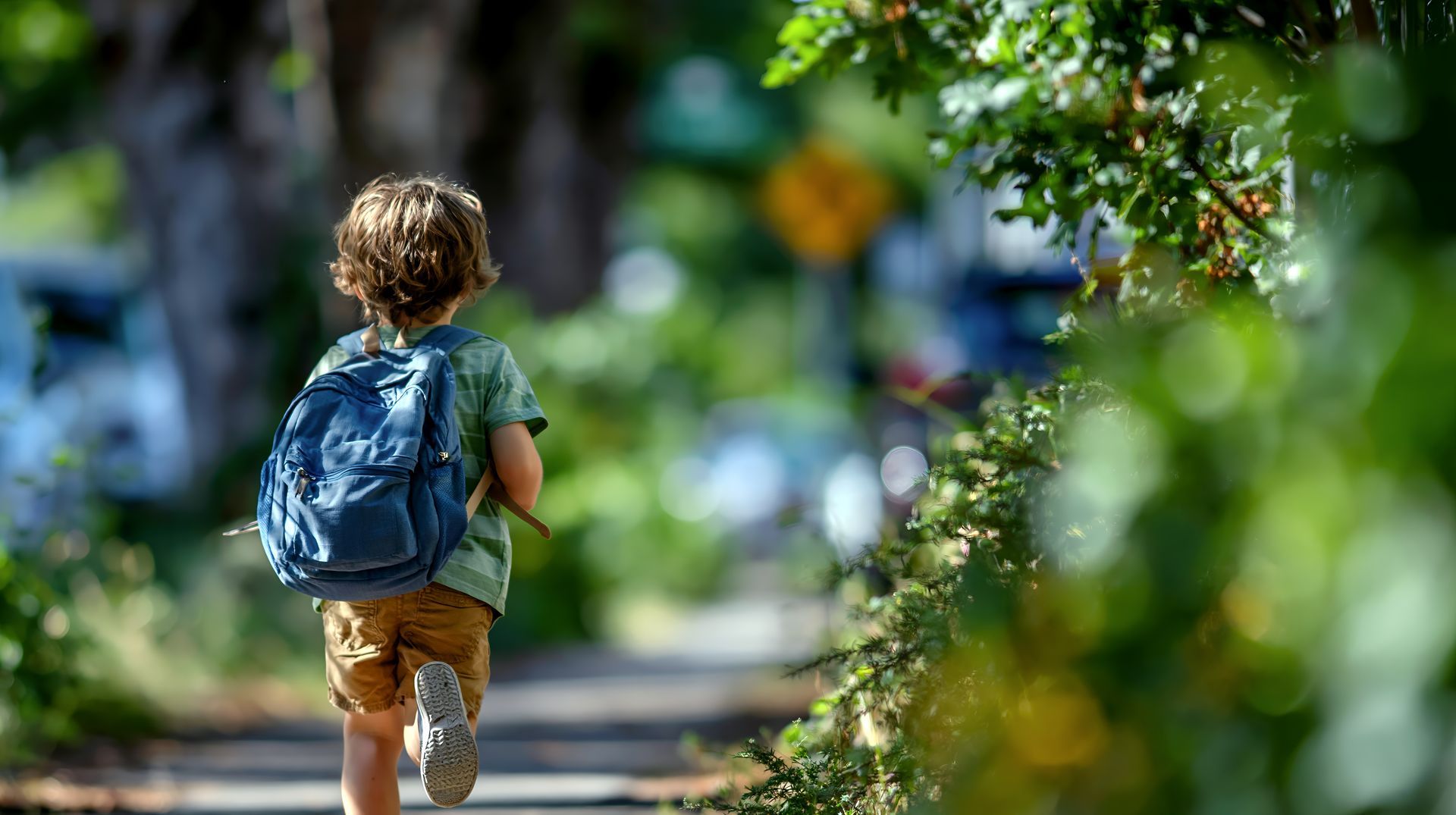 Enfant avec un sac à dos bleu marchant sur un chemin bordé d'arbres.