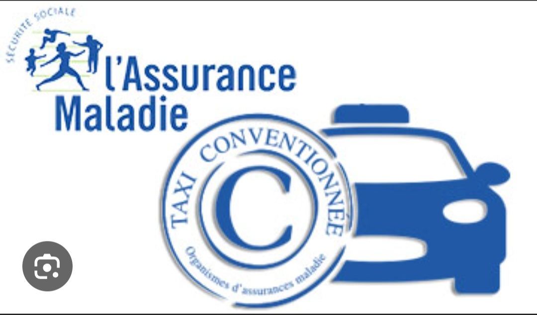 Logos bleus de l'Assurance Maladie et taxi conventionné à côté.