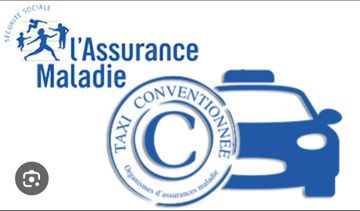 Logos bleus de l'Assurance Maladie et taxi conventionné à côté.