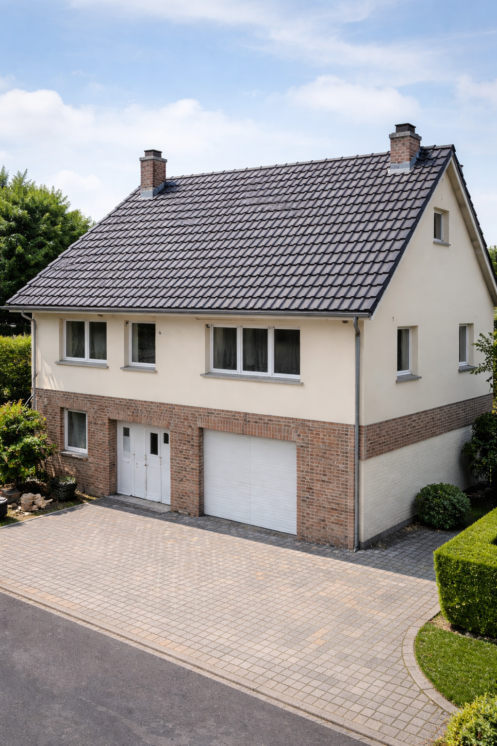 Maison à deux étages avec façade en stuc beige, soubassement en briques, toit foncé, garage double et allée pavée.