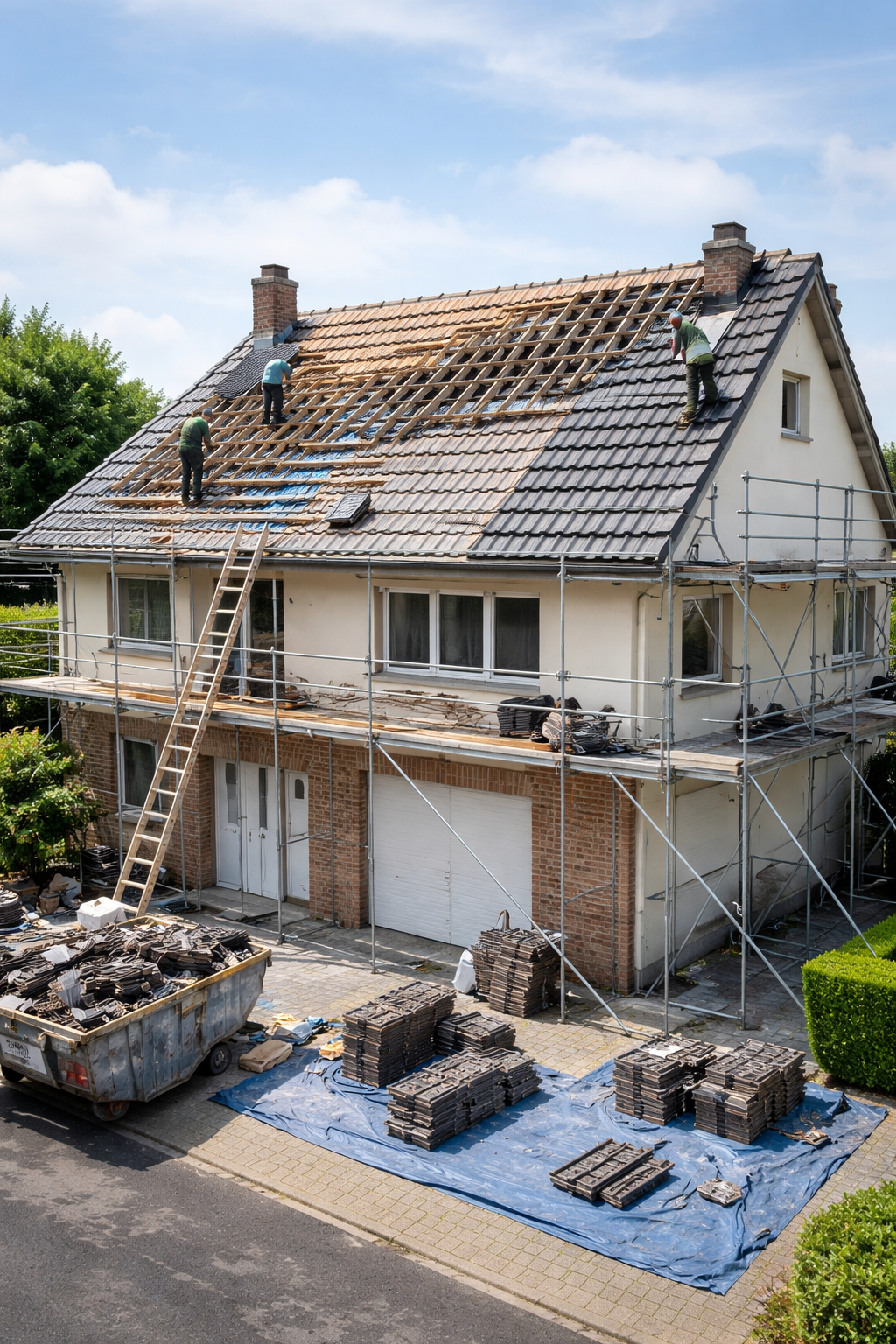 Maison avec toiture en cours de rénovation ; ouvriers sur le toit et les échafaudages, débris au sol.