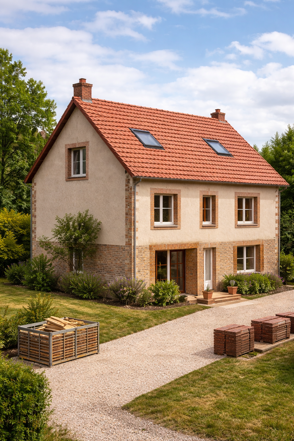 Maison beige de deux étages avec toit de tuiles rouges, soubassement en pierre et allée gravillonnée. 