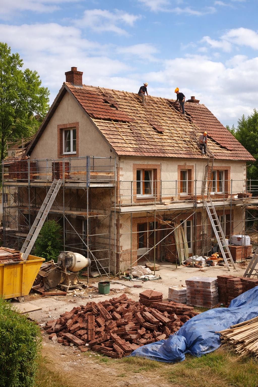 Maison en construction, ouvriers sur le toit, échafaudage, tas de briques, bétonnière, poubelle jaune.
